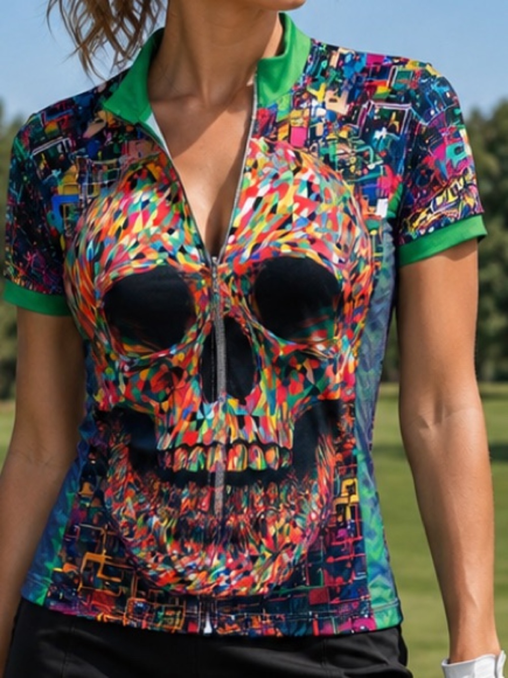 Women's athletic short sleeved top, full zip, unbranded, multicolour skull, Sz S